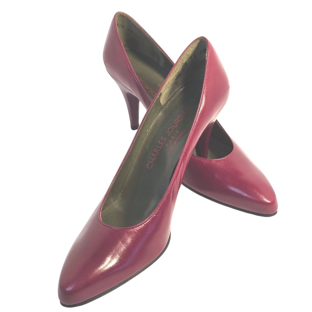 Charles Jourdan Paris Vintage RED Leather Pumps Almond Toe Heels France 7.5AA